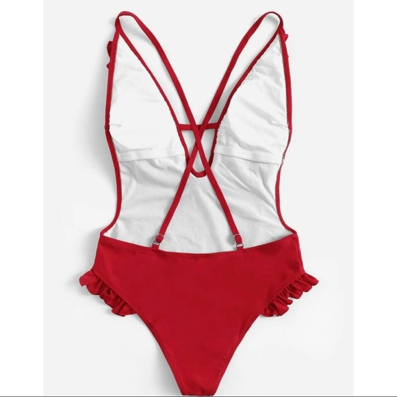 SALE! Red Ruffle Criss Cross Backless One Piece Swimsuit - Picture 2 of 4